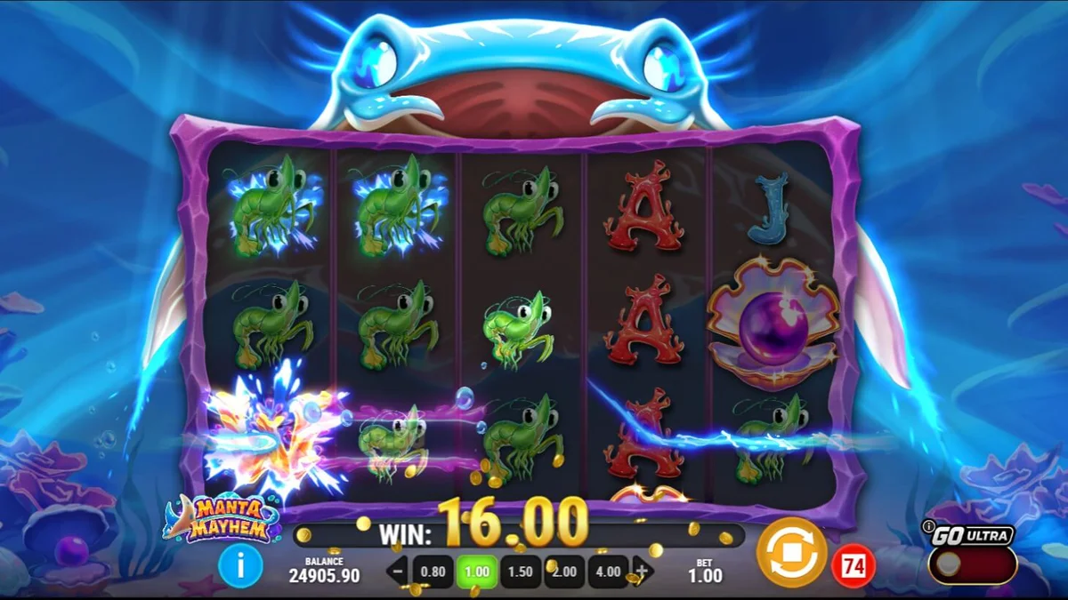 Tampilan visual slot Manta Mayhem dengan latar belakang terumbu karang yang cerah