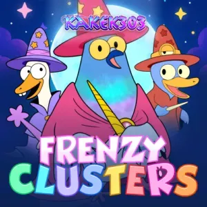 Tampilan antarmuka permainan slot Frenzy Clusters dengan grid 7x7 yang penuh warna.